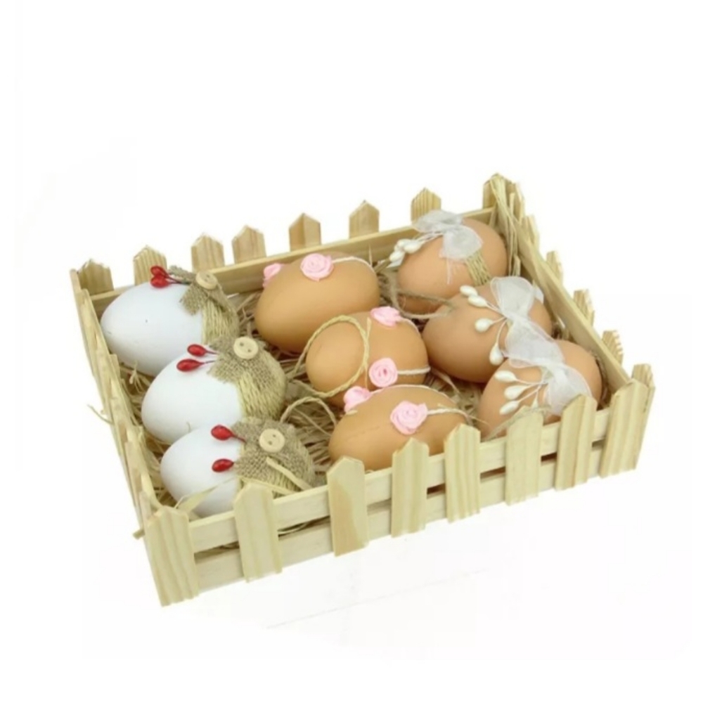 Farmhouse Neutral Colored Easter Eggs & Jute Burlap Ornament Set w/Crate BNWT